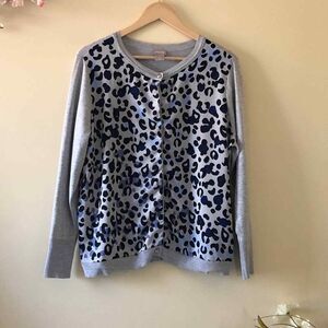 Chico's Cardigan Sweater Button Front Animal Print Gray Size 2